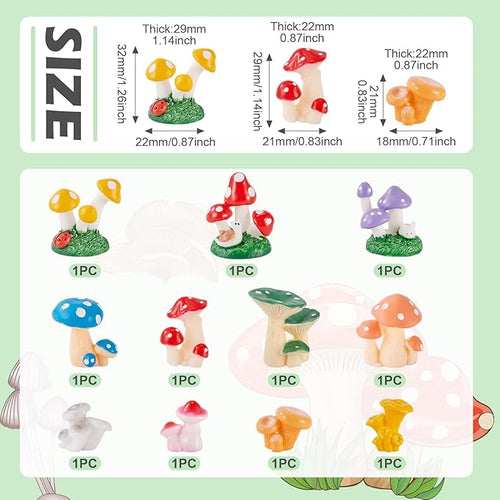 11 Pcs Mini Mushrooms Figurines Tiny Miniature Mushroom Charm Colorful Resin Mushrooms Landscape for Fairy Garden Fish Tank Plant DIY Cake Topper Office Desk Home Party Decor