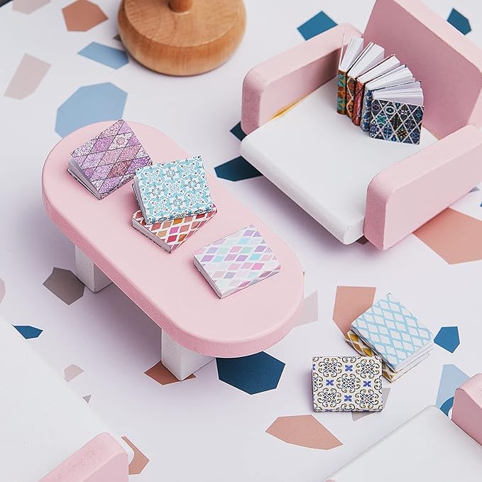 Skylety 24 Pieces 1:12 Scale Miniatures Dollhouse Books Assorted Miniatures Dollhouse Accessories Small Books Decoration Accessories Doll Toy Supplies(Grid Style)