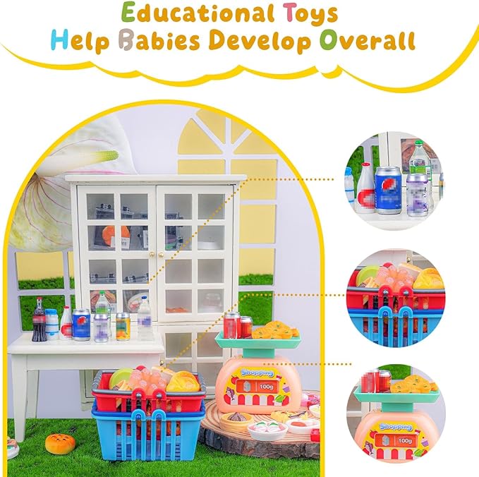 199PCS Mini Shopping Basket Cash Register Cake Donuts Storage Box Shelves Miniature Food Drink Toy Supermarket Metal Handcart Dollhouse Store Grocery Dessert Shop Accessories Trolley Party Model