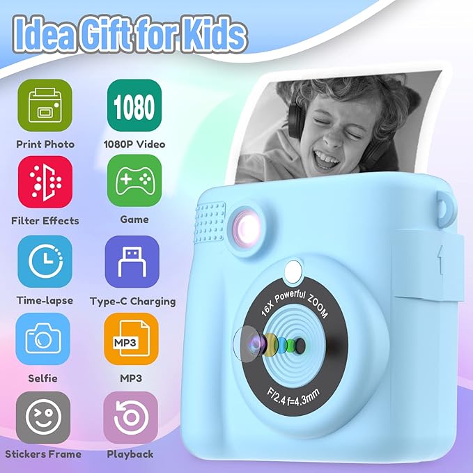ESOXOFFORE Kids Camera Instant Print, Christmas Birthday Gifts for Kids Age 3-12, Selfie Digital Camera with 1080P Videos,Toddler Portable Travel Toy for 4 5 6 7 8 9 Year Old Boys Girls-Blue