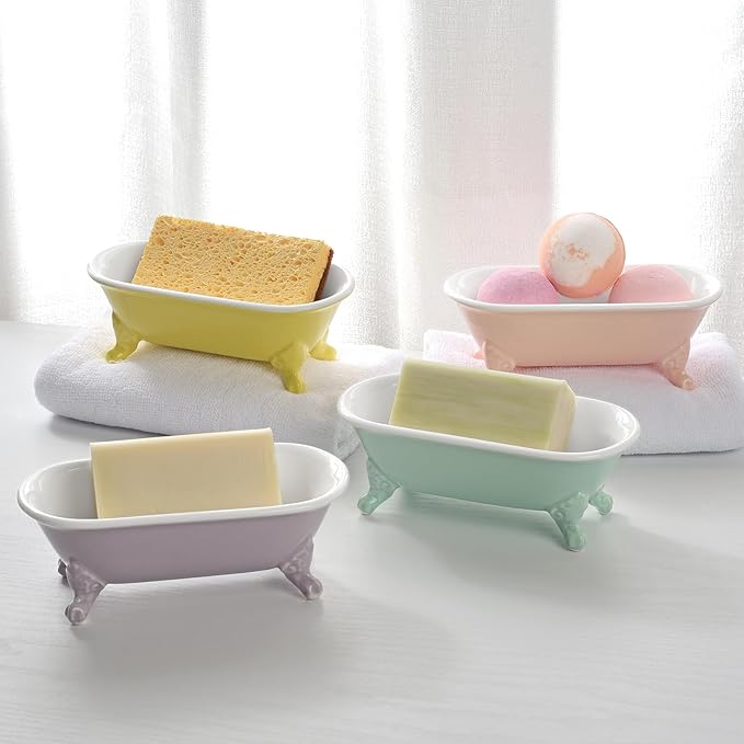 NEWHENGS 6.5" Ceramic Mini Decorative Clawfoot Bathtub Bar Soap Dish, Kitchen Sponge Holder and Shower Tray for Bathroom, 1 Pack(Yellow)