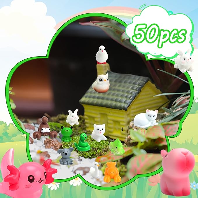 50Pcs Mini Resin Animals 50 Styles Little Animal Figures to Hide Tiny Resin Animals Variety Pack Small Miniature Animal Accessories for Micro Fairy Garden Landscape Dollhouse Crafts Decor