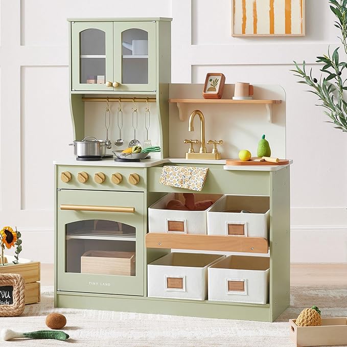 Tiny Land Play Kitchen for Kids with Enhanced Storage – Modern Toddler Kitchen Playset with Stove, Sink & Accessories, Organized Wooden Toy Kitchen, Ideal for Toddlers