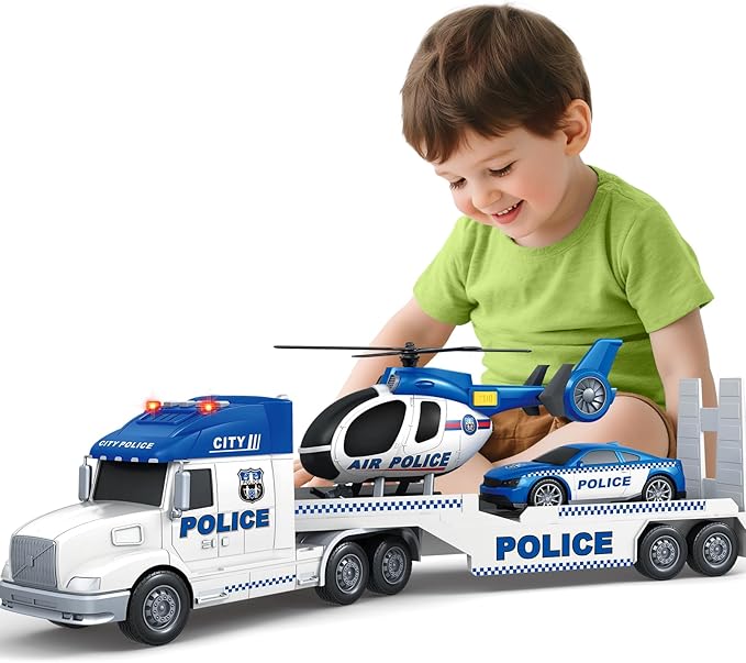 Kids Toys for 3 4 5 6 7 8 Years Old Boys, 27" Police Truck Toy with Racing Car and Helicopter, Toddler Friction Powered Truck Vehicle Toy with Lights, Sounds for Boys Girls Christmas Birthday Gifts