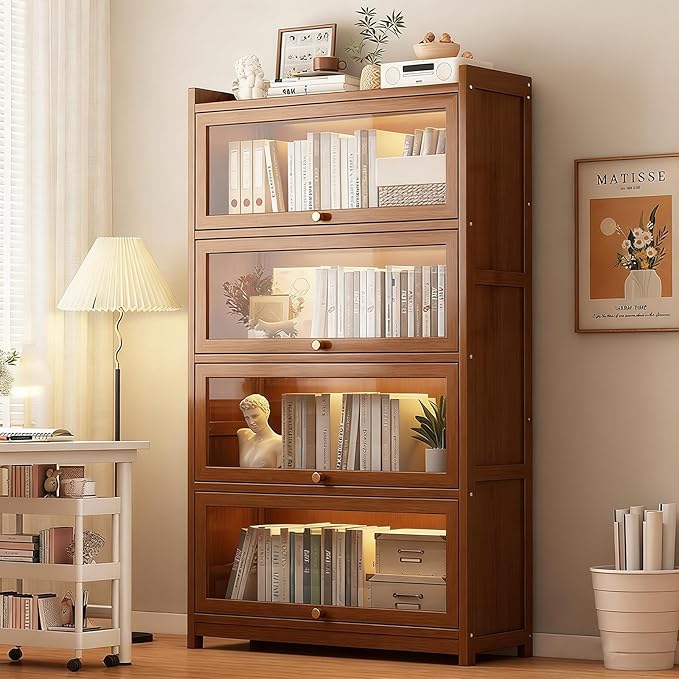 Display Cabinet with Acrylic Glass Doors, Tall Storage Cabinet with Adjustable Shelves, 4 Tier Curio Cabinet&Bookcase for Collectibles, Toys, Books, for Kids Playroom, Bedroom, Study Room