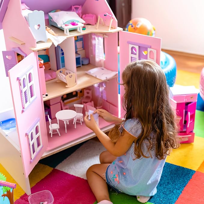 Vaguelly 1 Set Dollhouse Dining Table and 2 Chairs,1/12 Scale Miniature Table Chair Set,Wooden Dollhouse Kitchen Furnitures Miniature Chairs and
