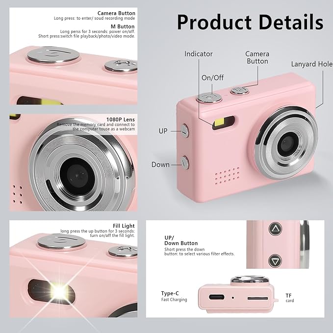 Mini Keychain Camera, FHD 1080p Mini Digital Camera with 32GB SD Card, 0.96" HD Display, 100 Mins Battery Life for Travel Recording Birthday Gifts (Modern, Pink1)