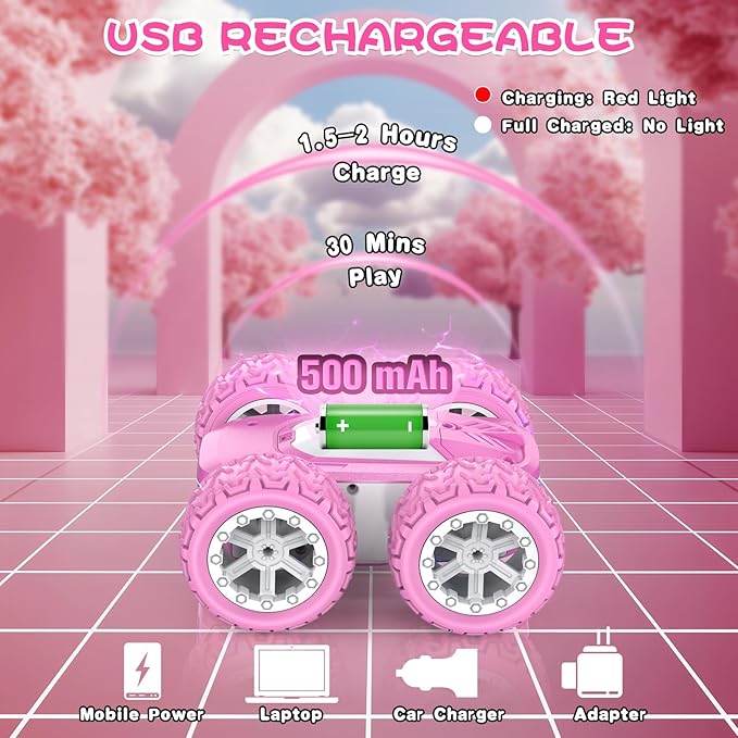 Pink Remote Control Car for Girls, RC Cars for Kids with DIY Sticker & Colored Lights, 2.4Ghz Double Sided 360° Flips 4WD Stunt Car, Rechargeable Toy Cars for Girl Ages 4-6 5-7 6-8 8-12 Birthday Gift
