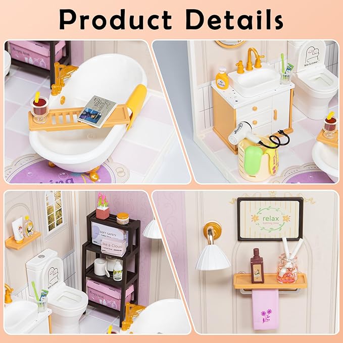 DIY Miniature House Kit with Roof & Dust Covers, Creative Construction Toys with Light & Furniture for Mini Figures, Christmas Decoration Gift for Teens Adults (Bathroom)