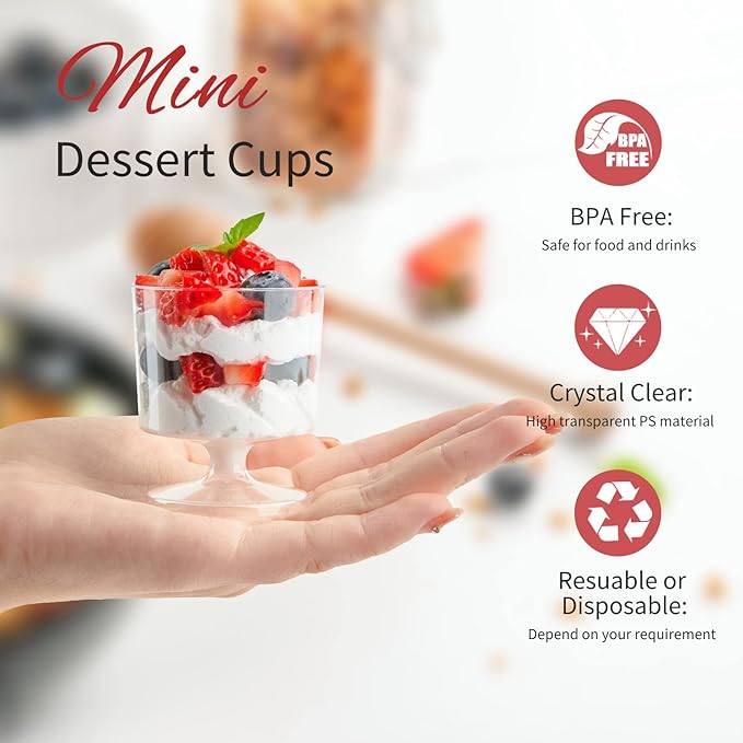 Zezzxu 2 oz Mini Dessert Cups with Spoons, 100 Pack Disposable Appetizer Cup Mousse Cups Small Plastic Wine Glasses for Serving Individual Pudding Shots, Cocktail, Trifle