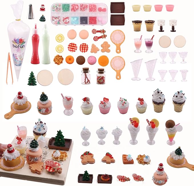 BoFUN Christmas DIY Miniature Food Craft Kit, 20+ Mini Dessert Set for Kids Ages 8-12, Teens & Girls, Dollhouse Accessories, Holiday Party Crafts Birthday Gift for Mini Collector, Non-Edible (Cream)