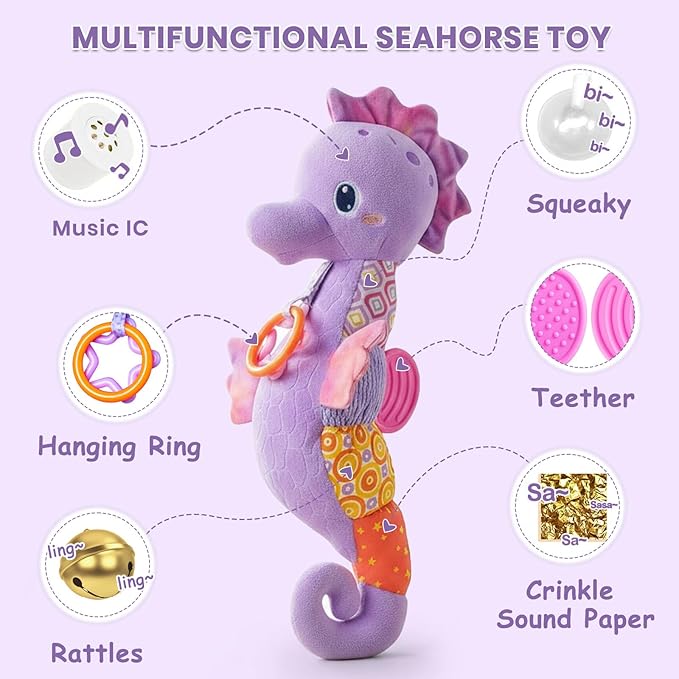 Baby Toys 0-6 Months,Infant Musical Seahorse Stuffed Animals Sensory Toys with Bright Colors,Multiple Textures,Rattles & Crinkle Sound Paper,Tummy Time Toy for Newborn Boys Girls 0-12 Months-Purple