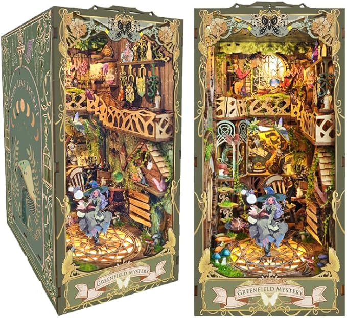 LED Book Nooks DIY Miniature Dollhouse Kit 3D Puzzle Wooden Bookends Toy for Teenagers Gift Model Kits Room Decoration - Garden Book Nook - Book Nook Kits for Adults (Green Fairyland)