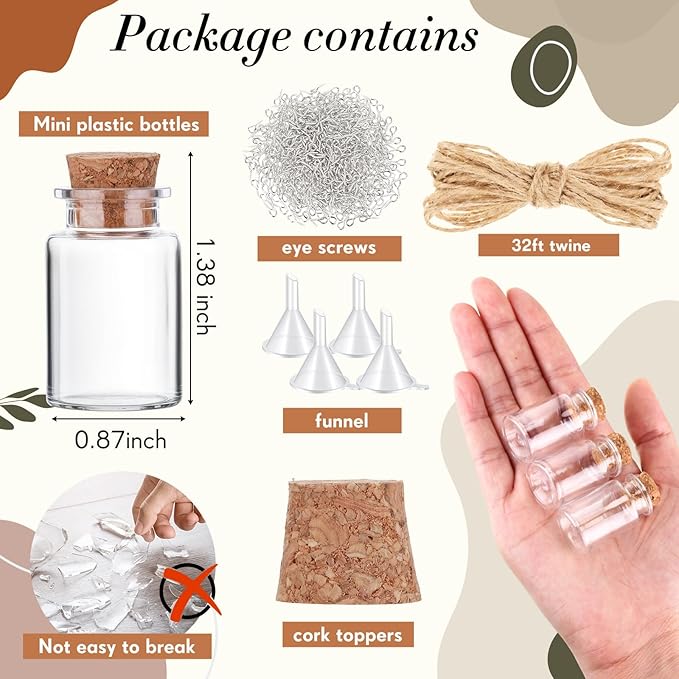 Bokon 25 Pack Mini Plastic Bottles with Corks Stoppers Eye Screws Funnels Small Potion Bottles Tiny Clear Sand Art Jar Wishing Vial for Birthday Party DIY Crafts Gift