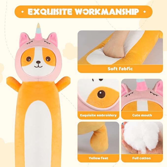 22 Inch Kawaii Unicorn Dog Long Plush Body Pillow Toy, Soft Corgi Shiba Inu Plushies with Stuffy Unicorn Outfit Big Stuffed Animals Gift for Kids Boys Girls, Birthday, Halloween, Christmas