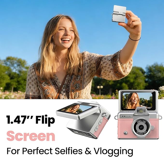 Mini Keychain Camera, 2K Retro Digital Camera with 1.47‘’ Flip Screen & Built-in Flash for Selfies - Includes 32GB SD Card, Strap - Perfect for Travel, Concert, Vlogging