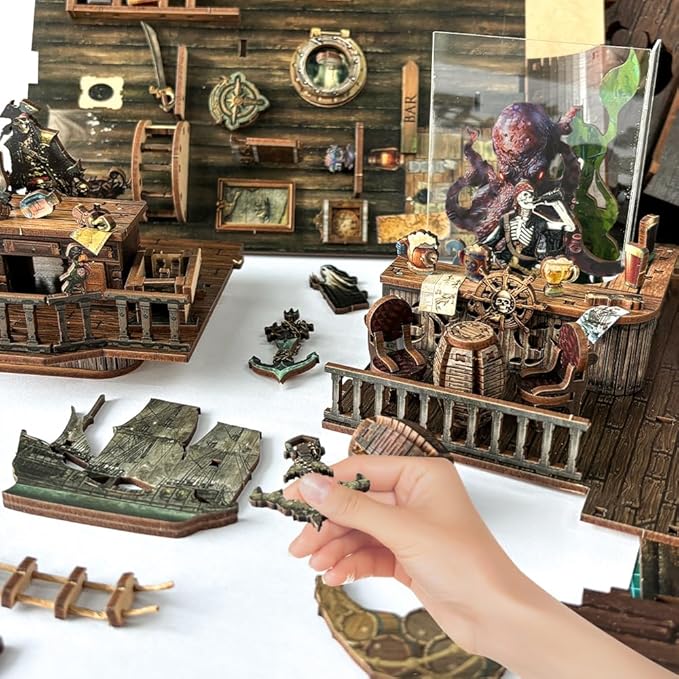 STRUCWOOD DIY Book Nook Kit - Pirate 3D Wooden Miniature Puzzles with LED Light Dollhouse Model Craft Kits for Adults Bookshelf Insert Decor Gifts for Adults - New World Ship (SQ-36)