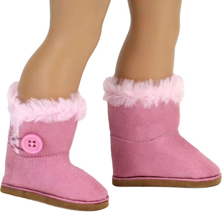 Sophia's Gray Suede Winter Boots with White Faux Fur Lining and Trim Plus Gray Side Button and Soft Tan Soles for 18" Dolls