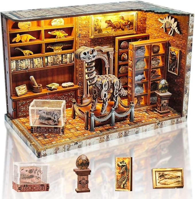 DIY Miniature Dollhouse Kit, Tiny House Kits with Furnitures, Mini House Making Kit to Build for Adults, Hobby Craft Gift for Christmas Day, Dinosaur Museum