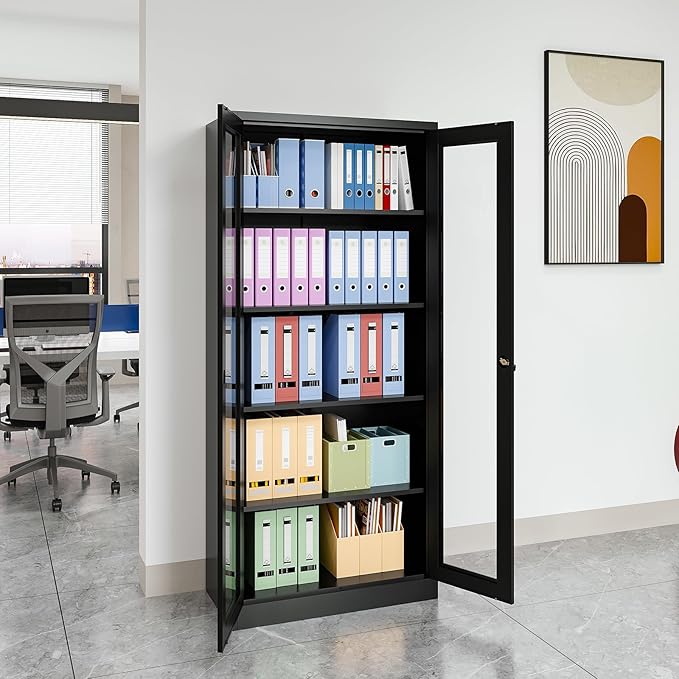 Display Cabinet with Glass Doors, Display Case Cabinet for Collectibles, Curio Display Cabinet with 4 Adjustable Shelves, 71"" Glass Display Cabinet for Home Office (Black), MSC-0818