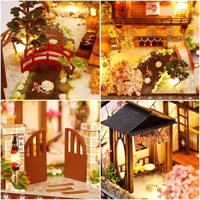 Yuzhen DIY Miniature Dollhouse Kit with Furniture and LED Lights, Japanese Wooden Dollhouse Includes Dustcover and Music Box, Decent Gift for Adults or Kids