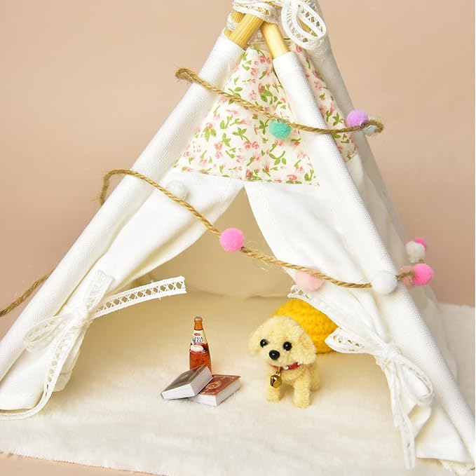 1:12 Dollhouse Camping Bed Tent, 1 Set Fairy Style Mini Pink Lace Tent with Carpet, Miniature Outdoor Furniture Accessories for Bedroom,Patio and Garden(White)