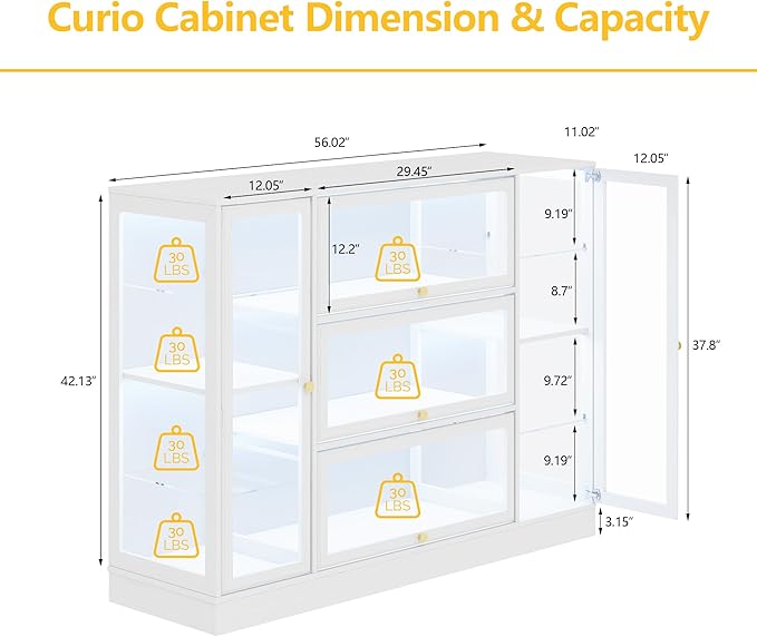 Display Cabinet with Acrylic Glass Doors,Extra Wide Curio Cabinet with LED Lighting for Collectibles, Collectibles Toy Organizers Rack & Display Shelf Display Case, White