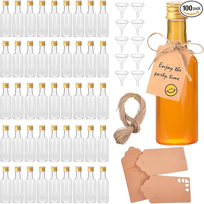 Voittozege 100 Pcs 1.7 oz Mini Liquor Bottles,Airtight Shot Bottles with Caps 10 Pcs Funnels 100 Pcs Kraft Tags and 65 ft Rope,Little Spirit Bottle for Cocktail,Party Favors,Weddings (gold Cap)