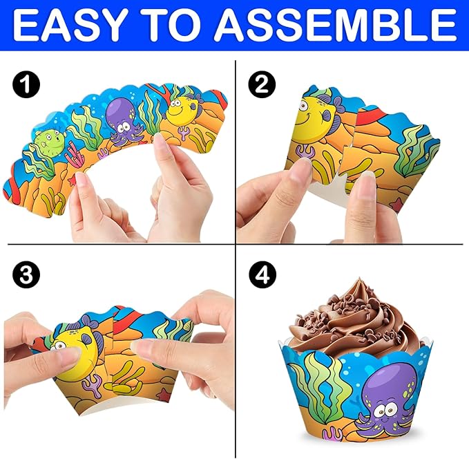 48PCS Ocean Themed Birthday Party Decorations | 24PCS Cupcake Toppers & 24PCS Cupcake Wrappers Party Favors Supplies Sea Animals Centerpiece Table Gifts for Boys Girls Carnival Prizes