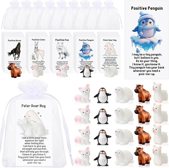 Suzile 25 Set Employee Appreciation Gifts Bulk Mini Polar Animal Figures Thank You Team Gift Pun Inspirational Card for Coworker Funny Resin Penguin Polar Bear Fox Alpaca Pony Office Favor