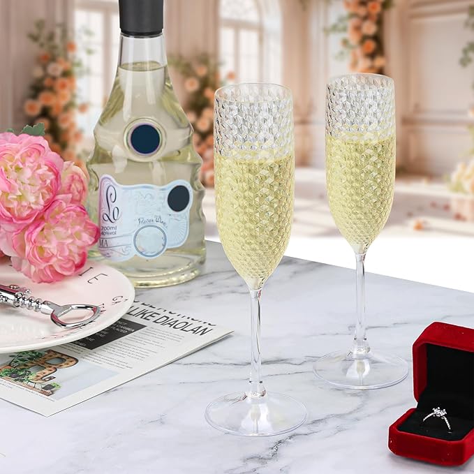 Plastic Champagne Flutes Champagne Glasses Unbreakable Wedding Toasting Glasses Reusable Diamond Wine Glasses Crystal Clear Party Wine Cups Vintage Drinking Glasses 5.5 OZ for Wedding (24, Crystal)