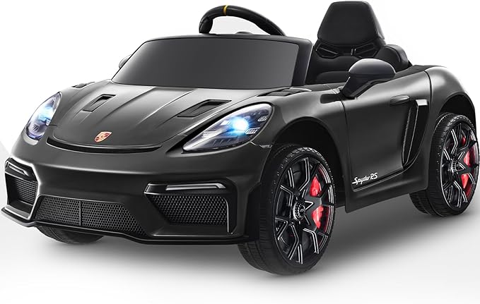 12V Ride on Car Licensed Porsche 718, Kids Electric Car with Remote Control, Front/Rear LED Light, Radio, USB/AUX, Openable Doors, Suspension Function, Durable Tires (Black)
