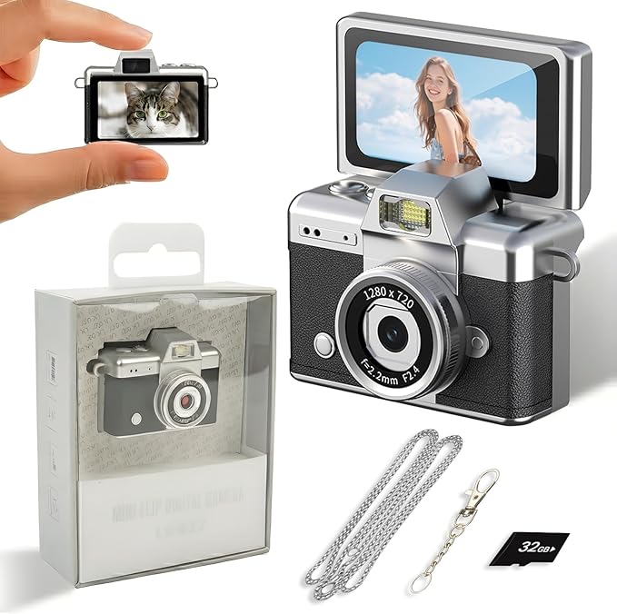 Mini Keychain Camera, 2K Retro Digital Camera with 1.47‘’ Flip Screen & Built-in Flash for Selfies - Includes 32GB SD Card, Strap - Perfect for Travel, Concert, Vlogging