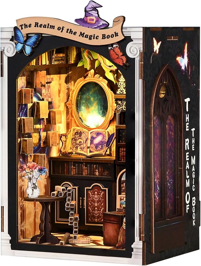 KERNOWO Book Nook Kit, DIY 3D Wooden Puzzles for Adults, Teens and Beginners, Miniature Tiny House Kit for Bookshelf Decor, Bookish Gift for Family, Friends, Book Lovers (Magic Book)