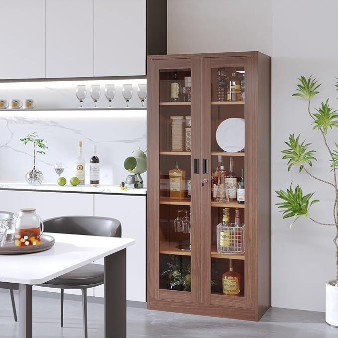 Display Cabinet with Glass Doors, Display Case Cabinet for Collectibles, Curio Display Cabinet with 4 Adjustable Shelves, 71" Glass Display Cabinet for Home Living Room (Wood Color)