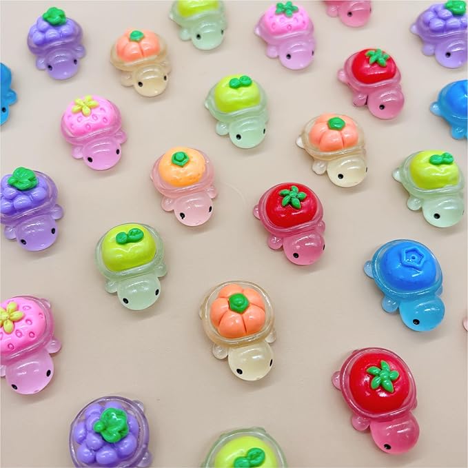 50Pcs Mini Animals Figures to Hide Small Resin Turtles Figurines Tiny Glow in The Dark Miniature Plastic Sea Animals, Fruit, Vegetable, and Turtle Combinations in Novel Designs (7 Styles Mix)
