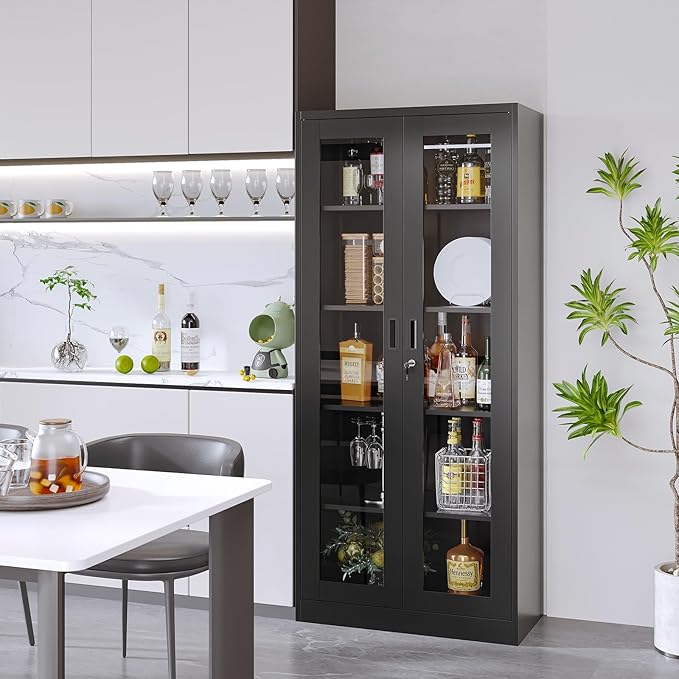 Display Cabinet with Glass Doors, Display Case Cabinet for Collectibles, Curio Display Cabinet with 4 Adjustable Shelves, 71"" Glass Display Cabinet for Home Office (Black), MSC-0818