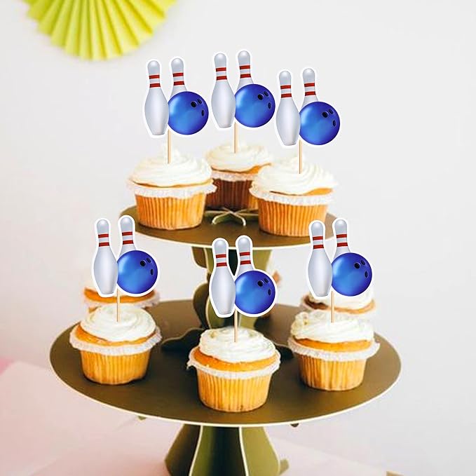 Ercadio 24 Pack Double Sided Bowling Cupcake Toppers Sports Bowling Cupcake Picks Bowling Birthday Cake Decorations Baby Shower Bowling Sports Theme Party Cake Decorations