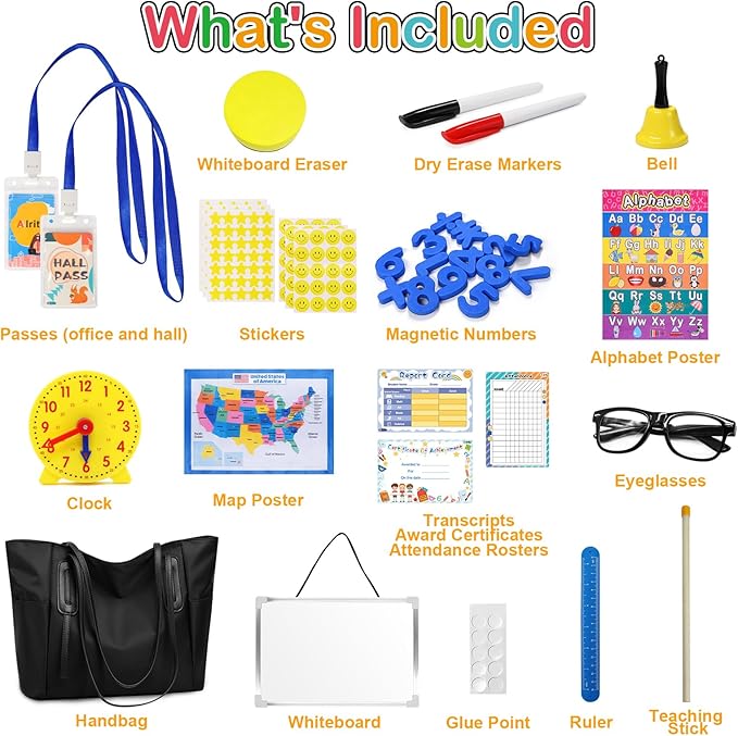 Alritz Pretend Play Teacher Set Classroom Learning Education Includes Reusable White Board Bell Clock and More, Be Teacher Student, for Boys Girls 5 6 7 8 9 10 11 12 +Years Old