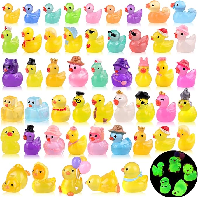 50PCS Mini Resin Animals Assorted Styles Tiny Ducks Glow in Dark,Miniature Duck Figures to Hide,Little Animal Bulk for Topper Desk Garden Landscape Aquarium DIY Crafts & Decor