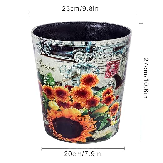 Scakbyer Leather Trash Can, Retro Decorative Waste Basket, 10L Capacity Small Waste Paper Basket, Waterproof Garbage Can for Bathroom, Bedroom, Office, Kitchen and Living Room - Sunflower