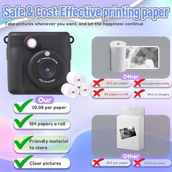 ESOXOFFORE Kids Camera Instant Print, Christmas Birthday Gifts for Kids Age 3-12, Selfie Digital Camera with 1080P Videos,Toddler Portable Travel Cameras Toy for 4 5 6 7 8 9 Year Old Boys Black
