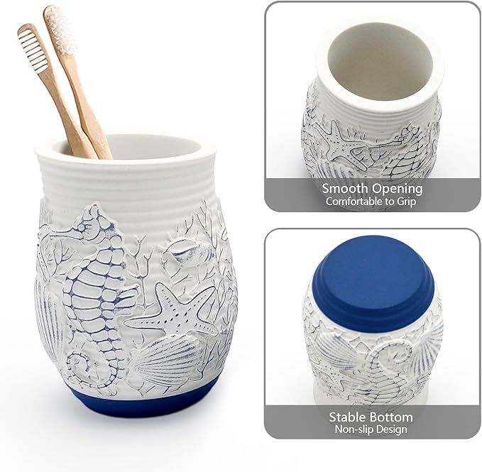 Beach Theme Bathroom Accessory Sets 4PCS Bathroom Accessories Set Complete Embossed Seashell Starfish Design Includes Lotion Dispenser Toothbrush Holder Tumbler Cup & Vanity Tray