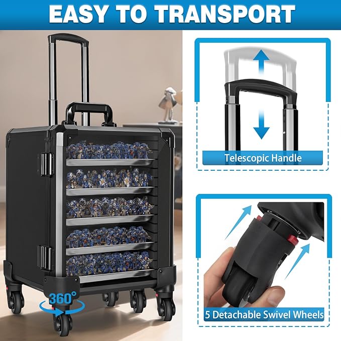 Miniatures Storage Case Miniatures Transport Case Aluminum Alloy Frame Display Case with Lock and Trolley (Medium Size)
