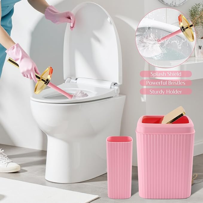 WSBArt 17PCS Bathroom Accessory Set Pink Bathroom Set Bathroom Accessories,Toilet Brush, Trash Can, Qtip Holder Dispenser& 3PCS Soap Dispenser