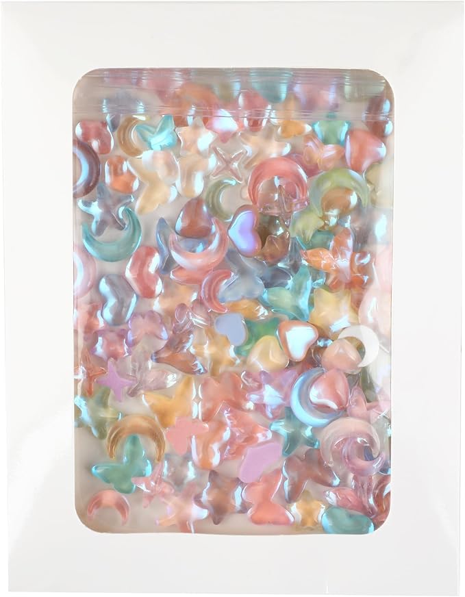 120Pcs Iridescent Resin Charms, Star Moon & Mermaid Tail Miniature Dollhouse Accessories, Waterproof Tiny Figurines for Fairy Garden, Micro Landscape & DIY Crafts with Window Envelope Packaging