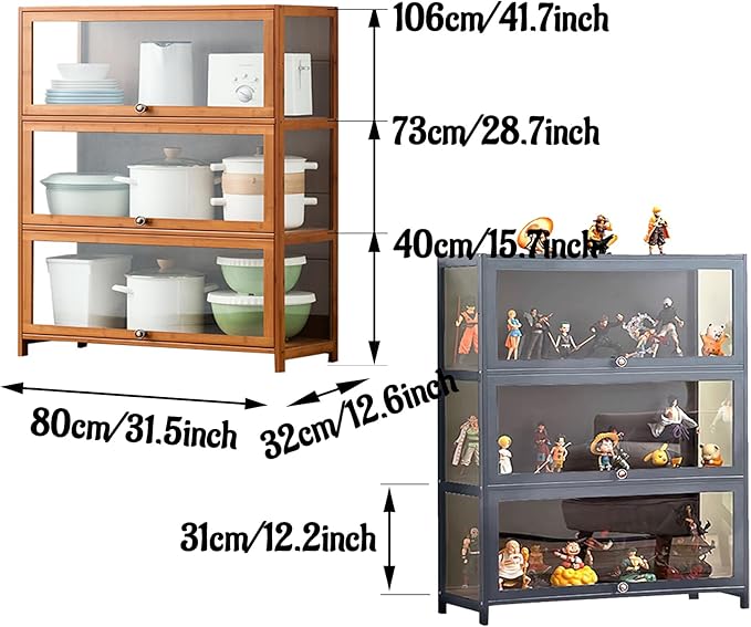 Curio Display Cabinet with Acrylic Doors for Collectibles Small Curio Cabinet 4 Tier 3 Tier Figures Display Case Toys Display Shelves Vitrina Storage Cabinet,Gray,3 Tier_Flip Up Door