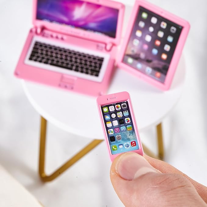 Dollhouse Laptop Accessories, 1/12 1/6 Scale Minature Tablet Smart Phone Mini Stuff Doll House Furniture Play Set Accessories 3 Pcs (Pink)
