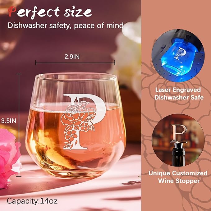 Personalized Gifts for Women, Monogrammed A-Z Wine Glass Customized Gift, Unique Wedding Birthday Gifts for Women Her Mom Friend Sister Wife Daughter Nurse - Dishwasher Safe (P)