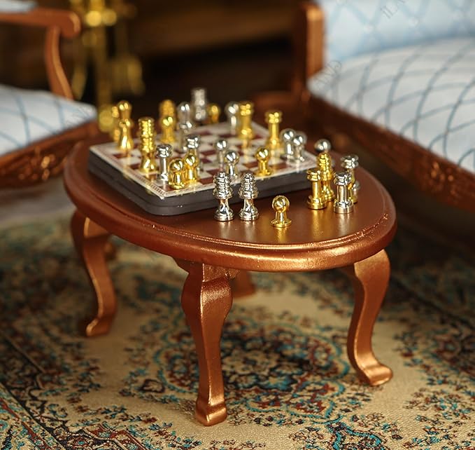 iLAND Victorian Dollhouse Furniture Set, Doll House Furniture and Accessories, Miniature Dollhouse Sofa with 1/12 Scale Accessories 8pcs, Mothers Gift, Wife Gift, Bookshelf Décor (Gold & Blue)